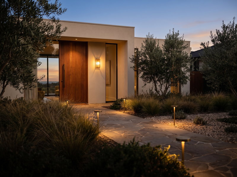 House entrance at blue hour lit by a brass wall light and path lights