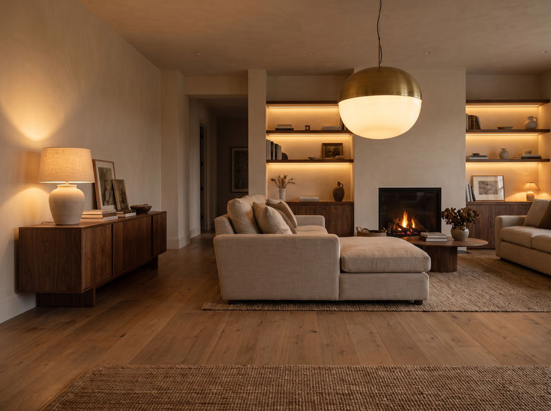 Warm living room lit by a pendant and a table lamp at dusk