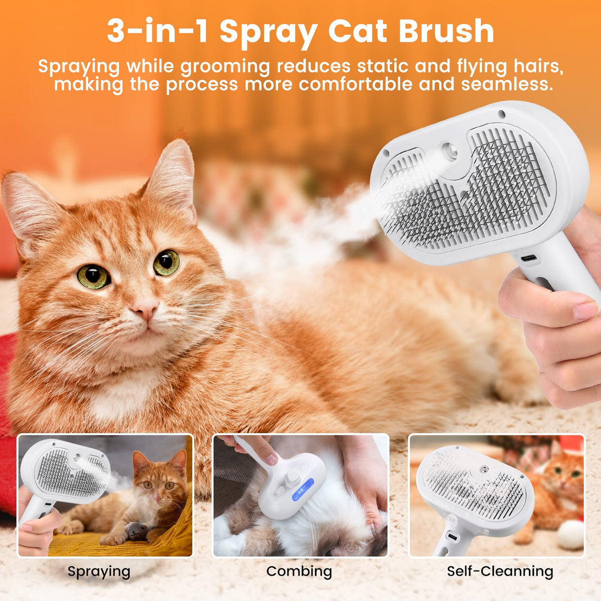 Cat Steam Brush - Pet Spray Grooming Brush for Cats & Dogs