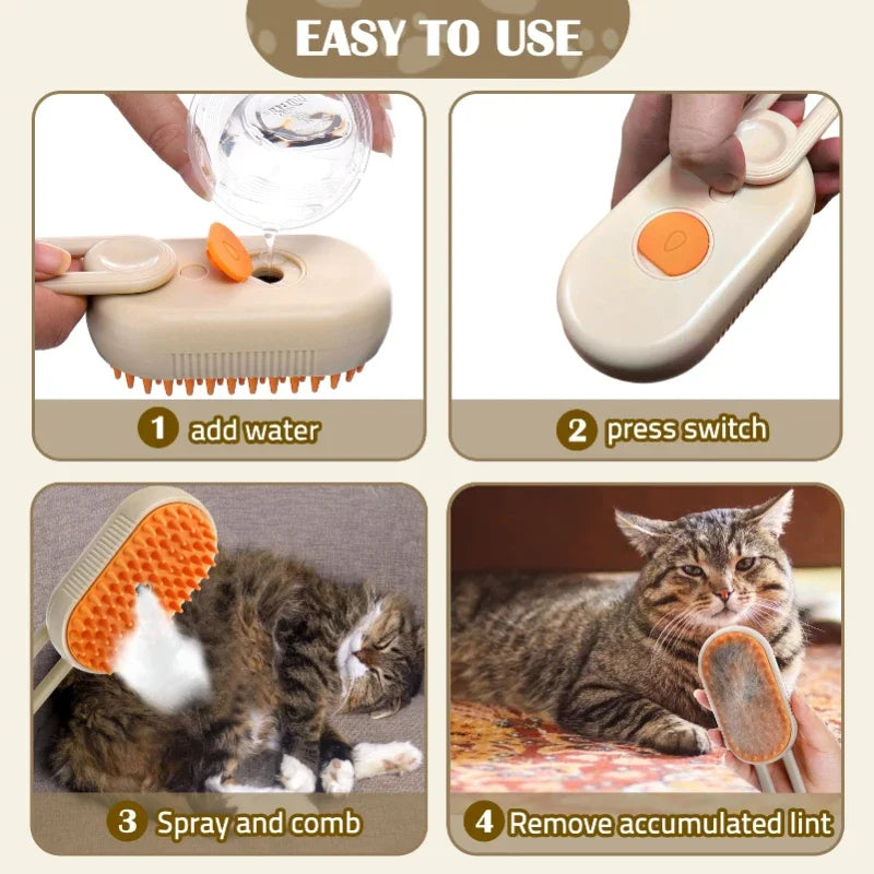 Pet Steam Brush - 3 in 1 Cat & Dog Spray Grooming Brush