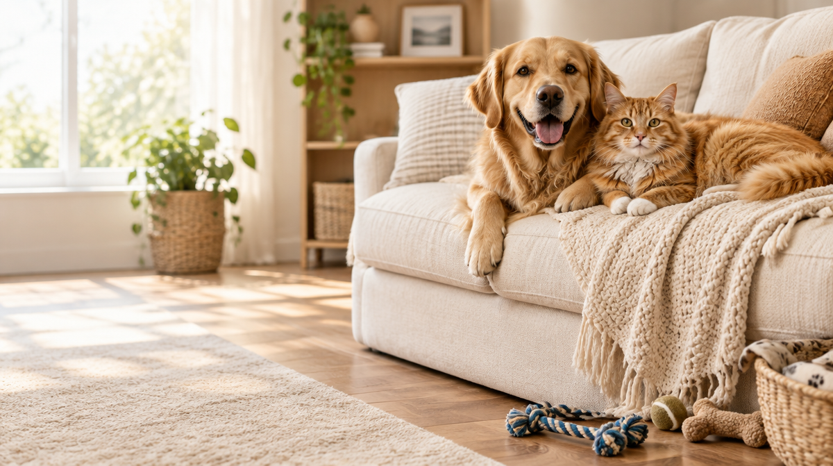 Golden retriever and tabby cat relaxing together on a cozy sofa