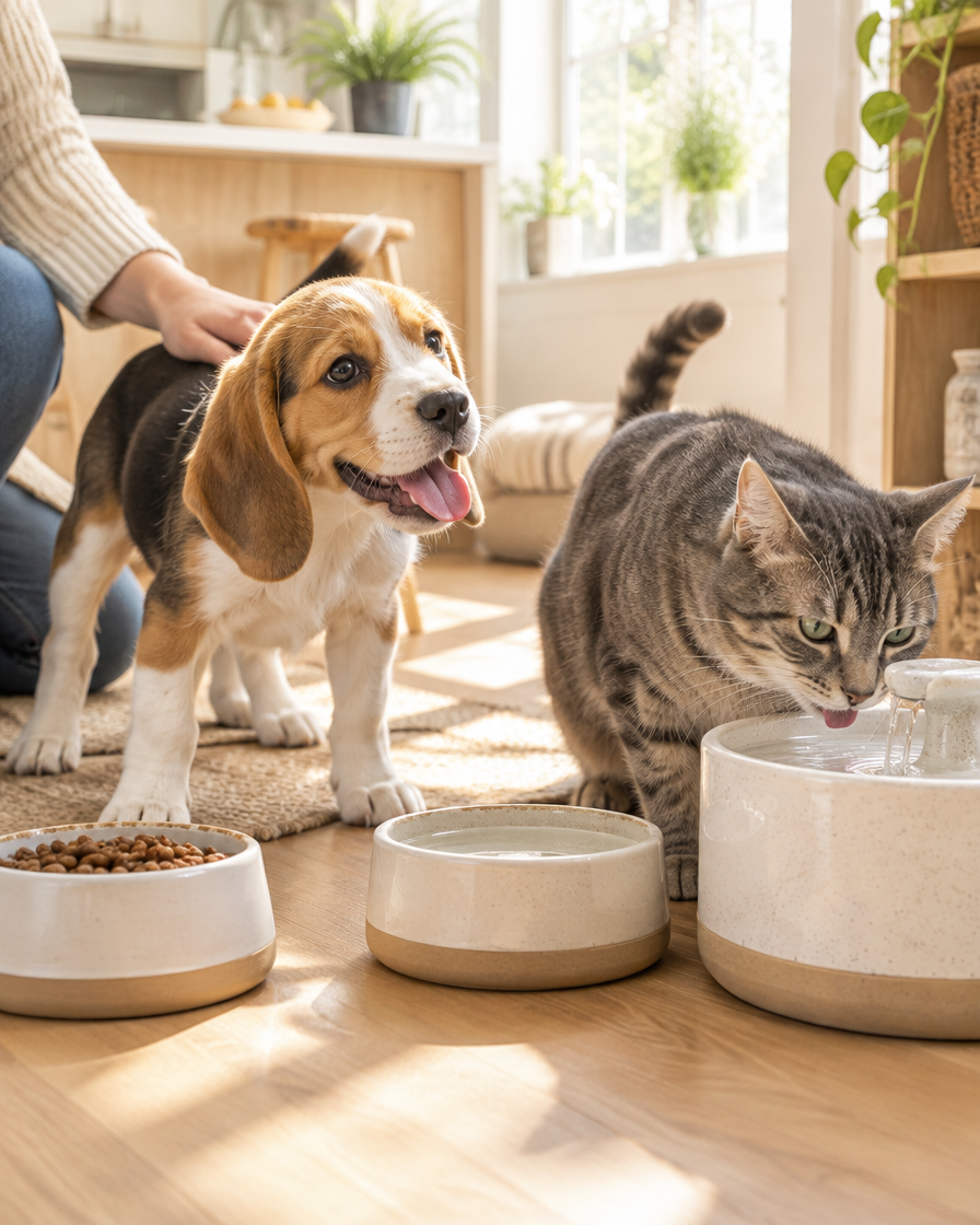 Beagle puppy and tabby cat in a sunny kitchen next to food bowls