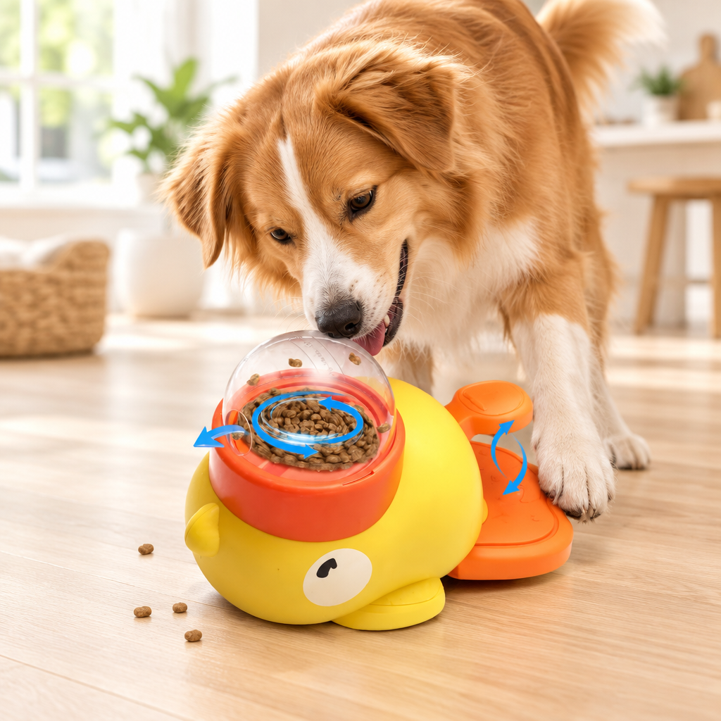Interactive Cartoon Duck Dog Puzzle Feeder in use by a dog