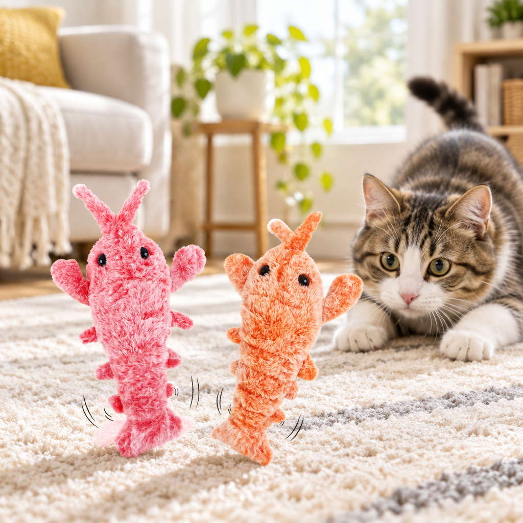 Electric Jumping Shrimp Pet Toy with a cat
