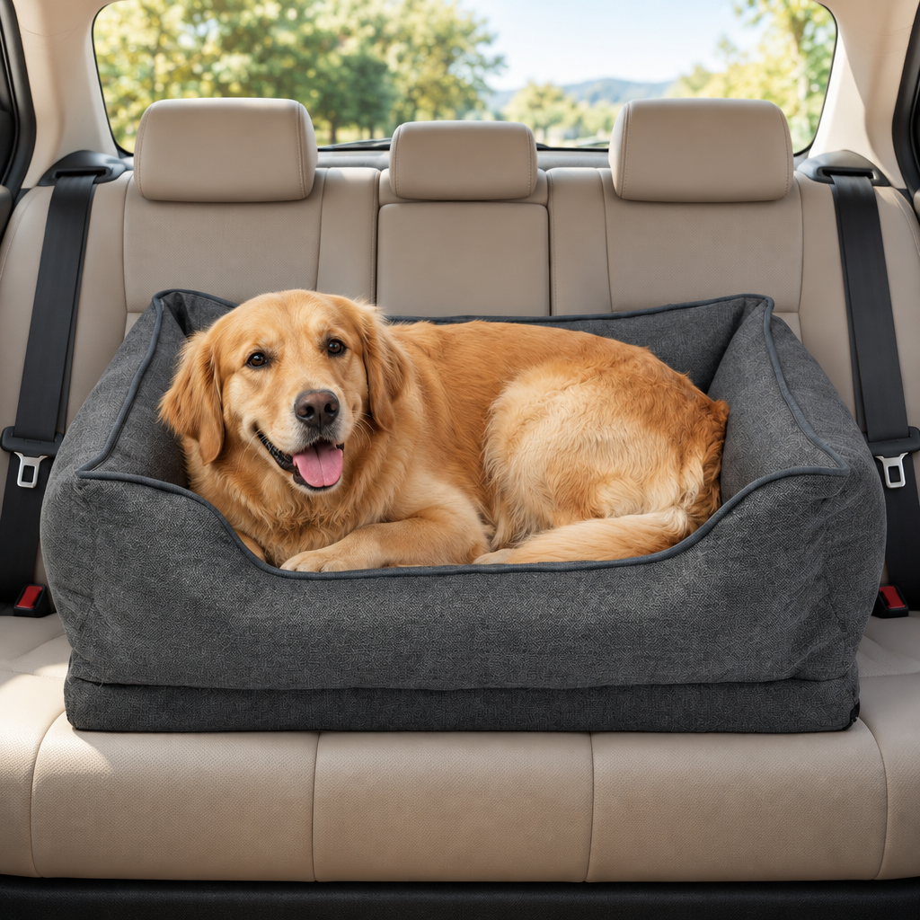 Orthopedic Anti Slip Car Dog Bed with a dog in the back seat