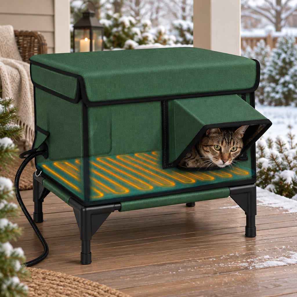 Heated Outdoor Cat House for Winter with a cat