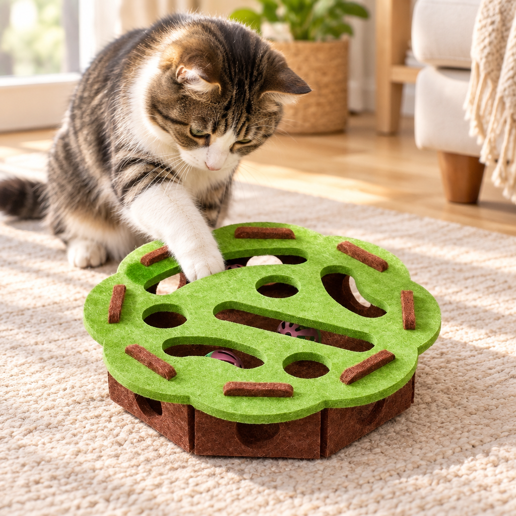 Felt Interactive Cat Puzzle Toy Box with a cat playing