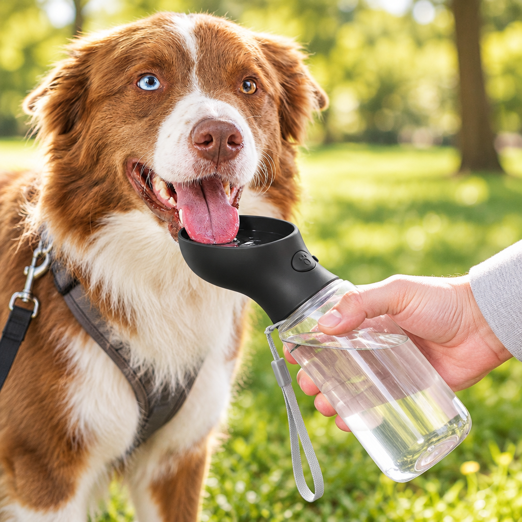 Portable water bottle for dogs in use on a walk