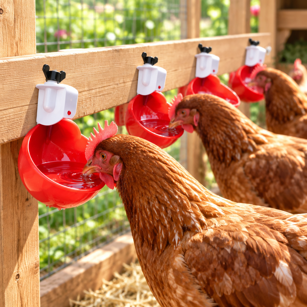 Chicken Waterer cups in a backyard coop