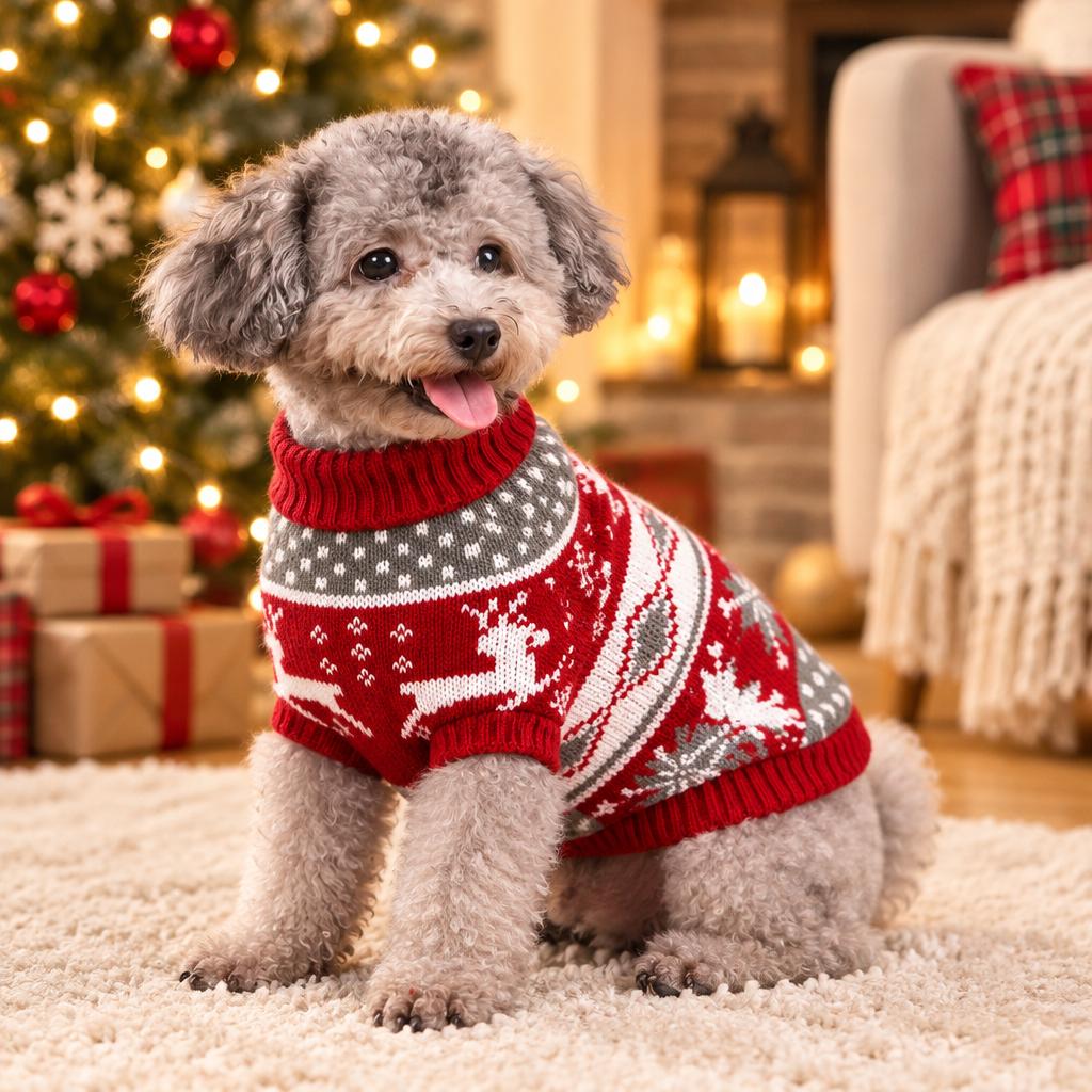 Knitted Dog Christmas Sweater worn by a small dog