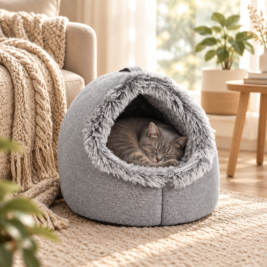 Winter Cat Bed with a cat asleep