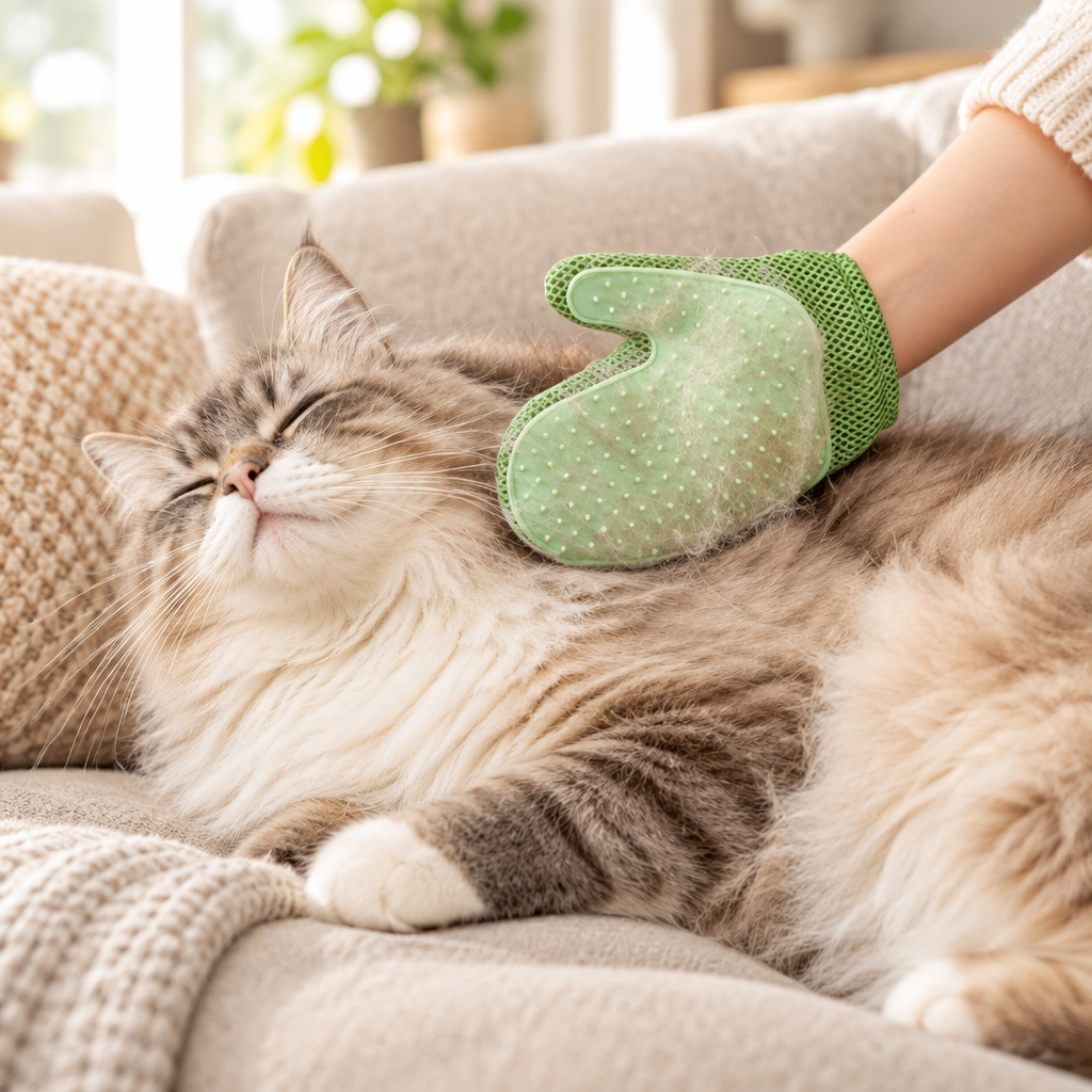 Cat grooming glove in use on a cat