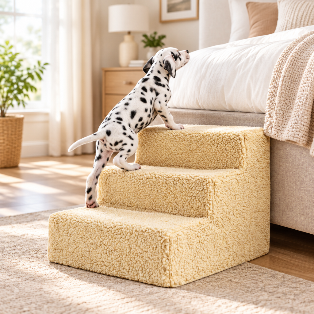 3 Step Portable Dog Stairs beside a bed with a dog