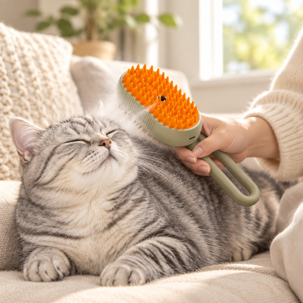 3-in-1 Pet Steam Grooming Brush in use on a cat