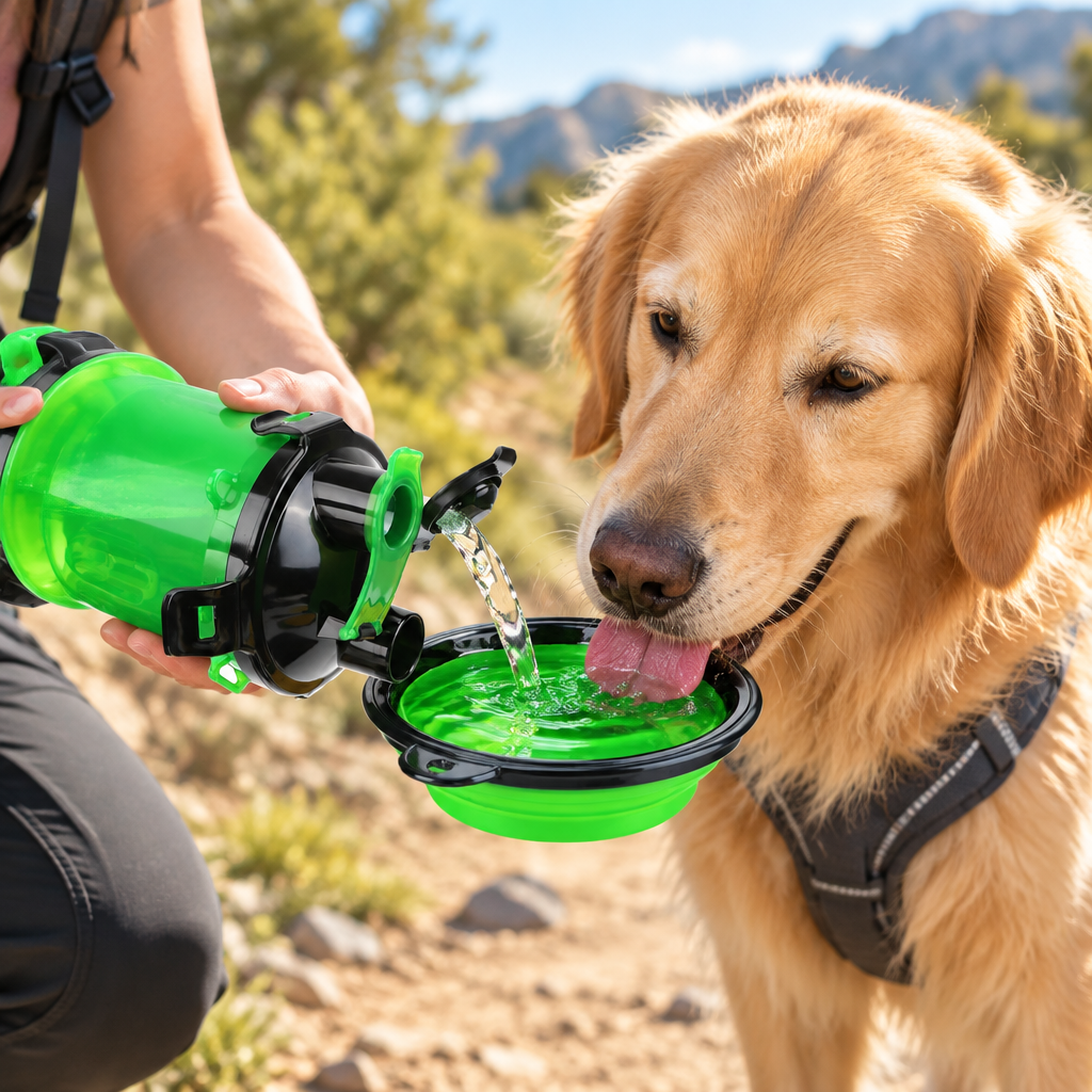 Collapsible Pet Water Bottle and Feeder in use