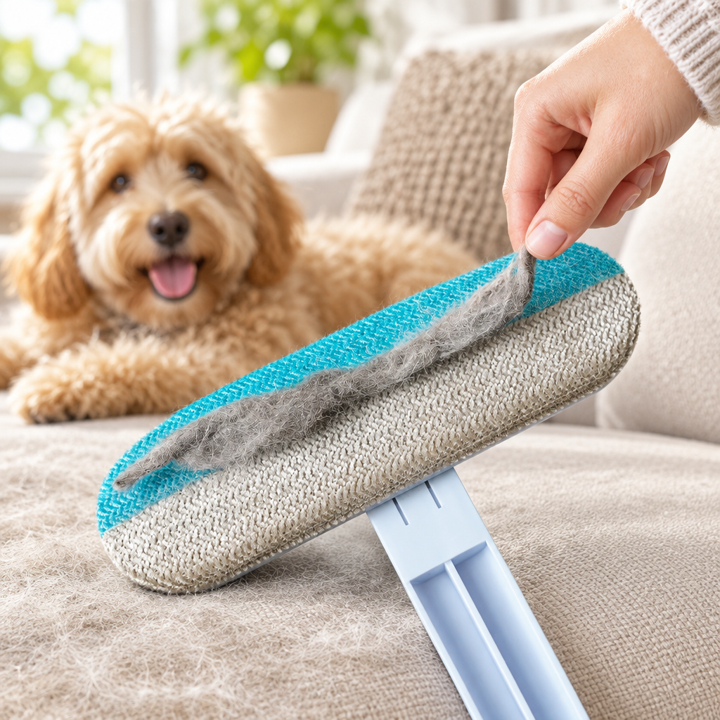 4 in 1 Pet Hair Remover Tool in use on a sofa