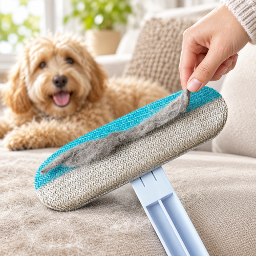 4 in 1 Pet Hair Remover Tool in use on a sofa