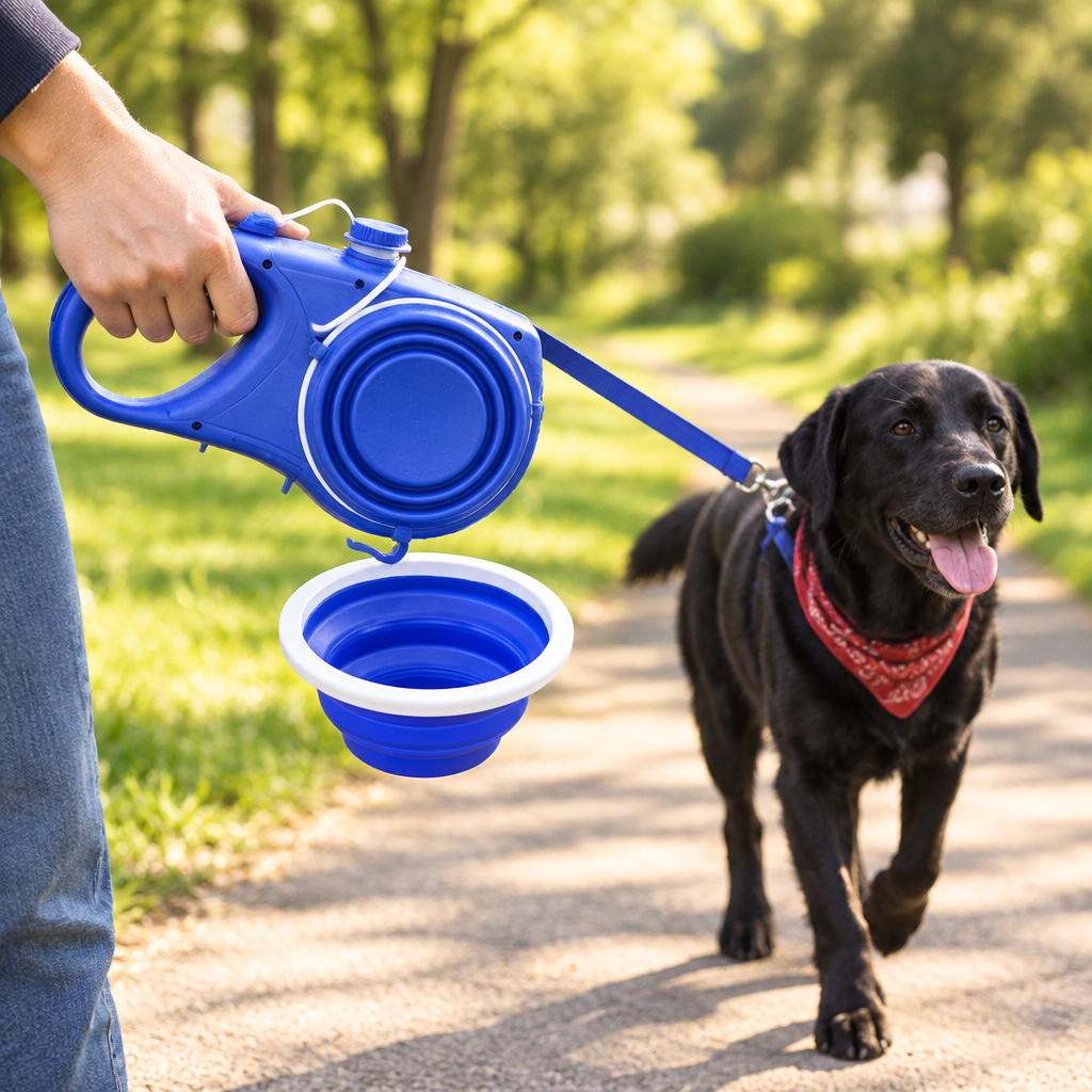 Multifunctional Dog Leash with Water Bottle and Bowl on a walk