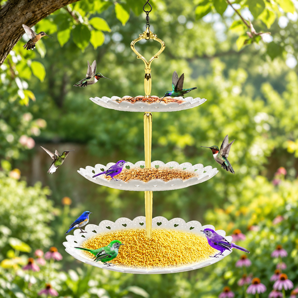 3-Tier Hanging Bird Feeder and Bird Bath with birds