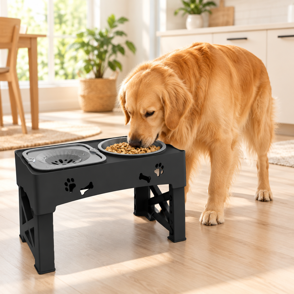 Adjustable Raised Dog Slow Feeder with a dog eating