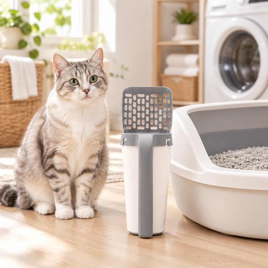 All-in-One Cat Litter Scoop next to a litter box