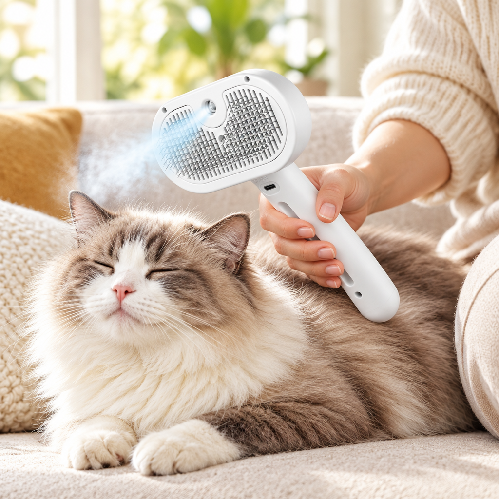 Cat And Dog Steam Brush in use on a cat