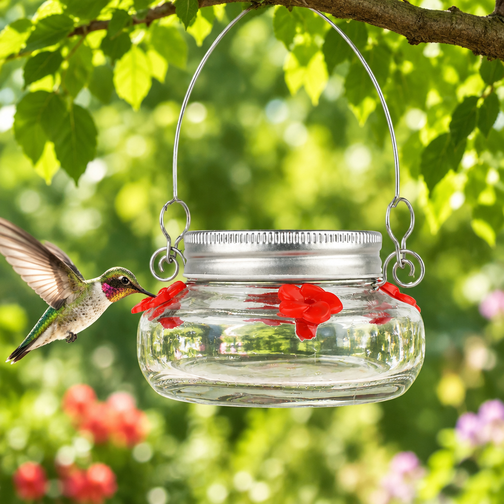 Flower Port Hummingbird Feeder with a hummingbird