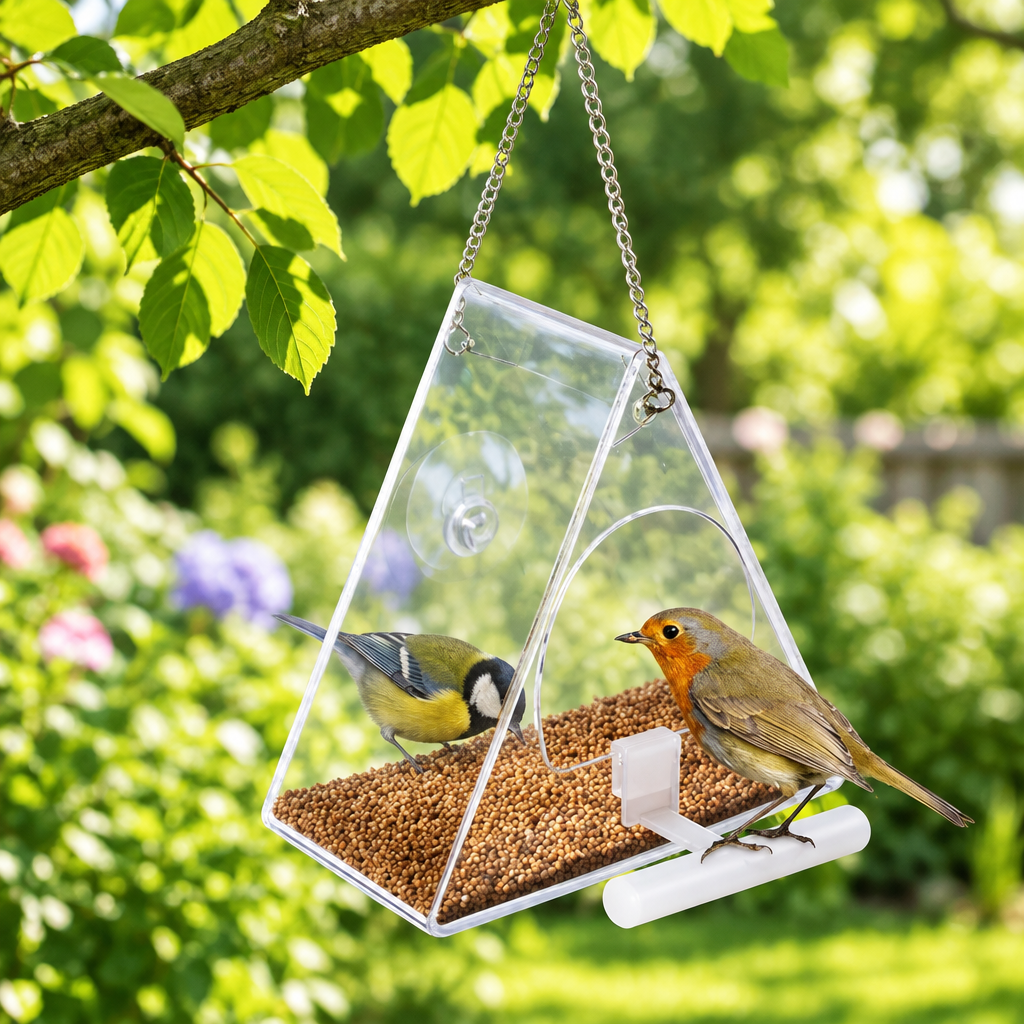 Clear Acrylic Hanging Bird Feeder with birds