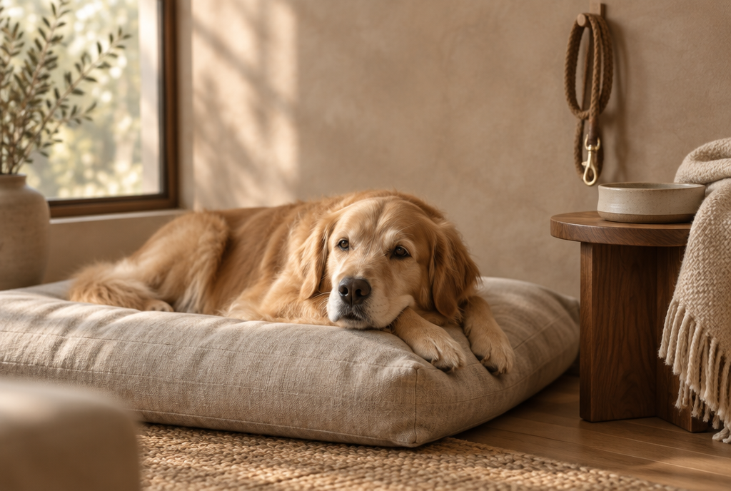 Golden retriever resting on a linen cushion in a warm, minimal living room